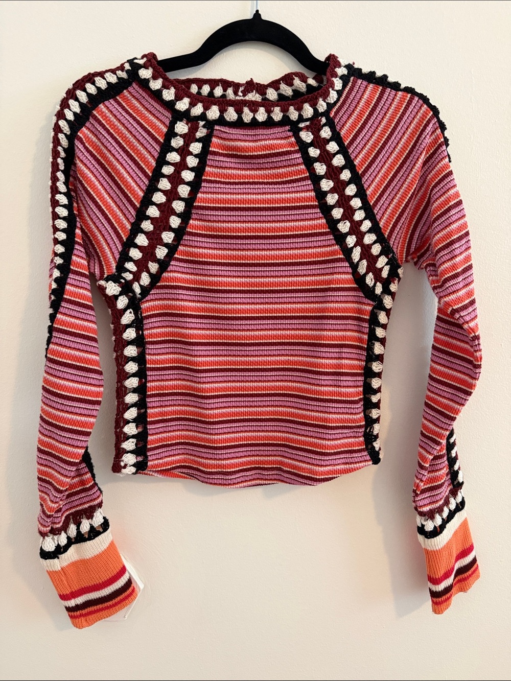 Free People Striped Crochet-Trim Long Sleeve Top - Pink, Red & Orange